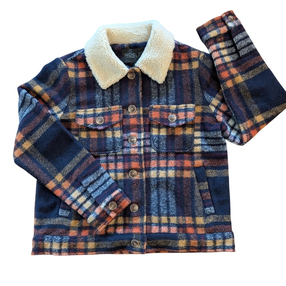 Rachel Zoe Plaid Wool Blend Sherpa Collar Jacket Women's Med Navy Orange